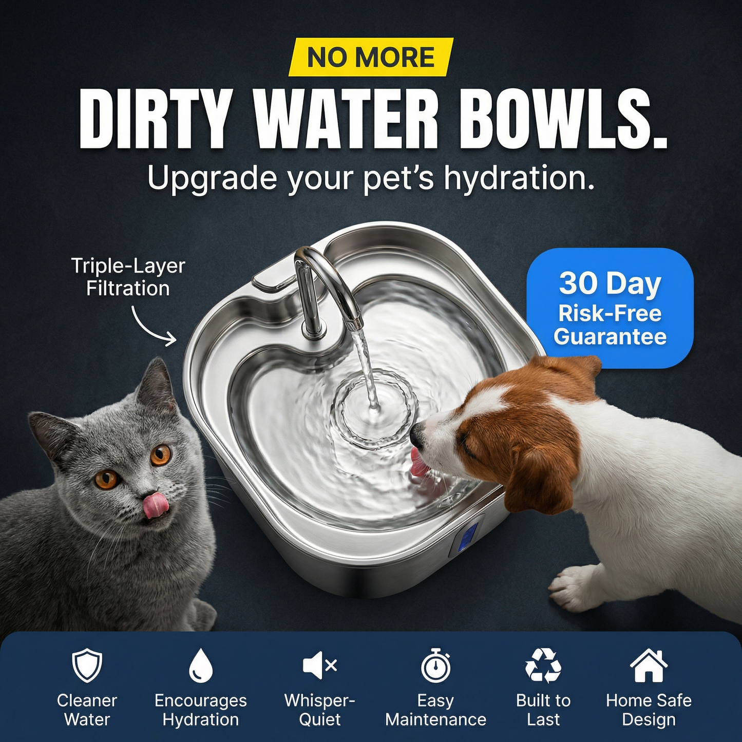 MyPetSpring™ Stainless Steel Pet Water Fountain - Keeps Water Fresh & Clean for Cats & Dogs