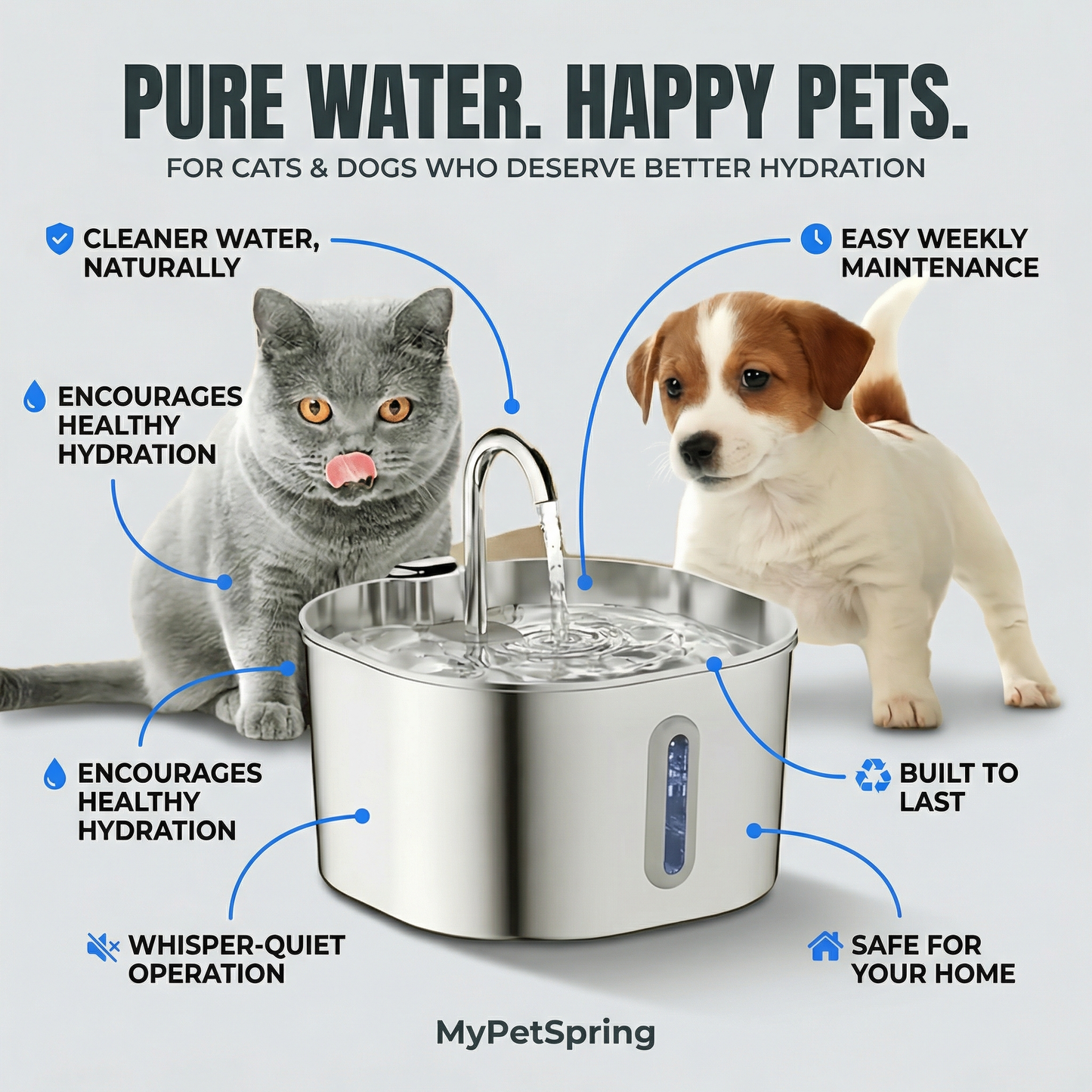 MyPetSpring™ Stainless Steel Pet Water Fountain - Keeps Water Fresh & Clean for Cats & Dogs