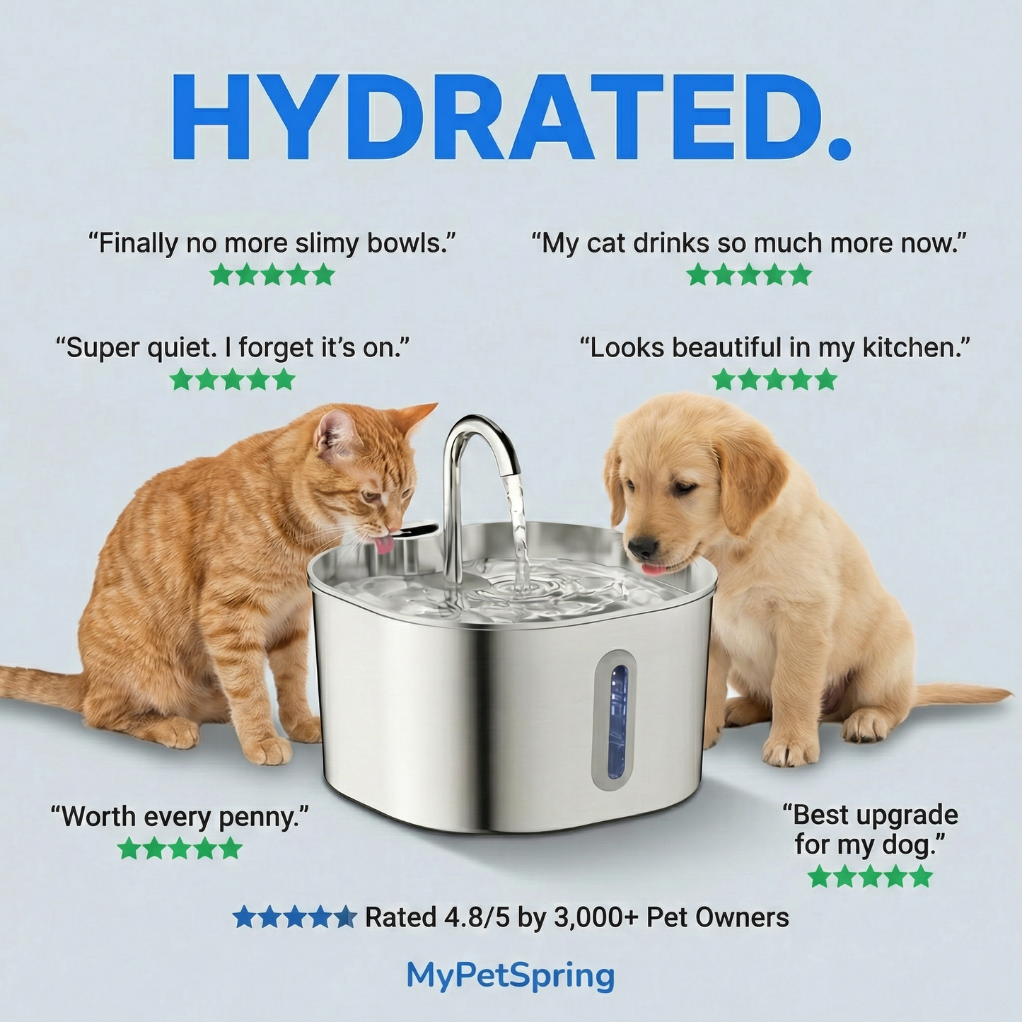 MyPetSpring™ Stainless Steel Pet Water Fountain - Keeps Water Fresh & Clean for Cats & Dogs