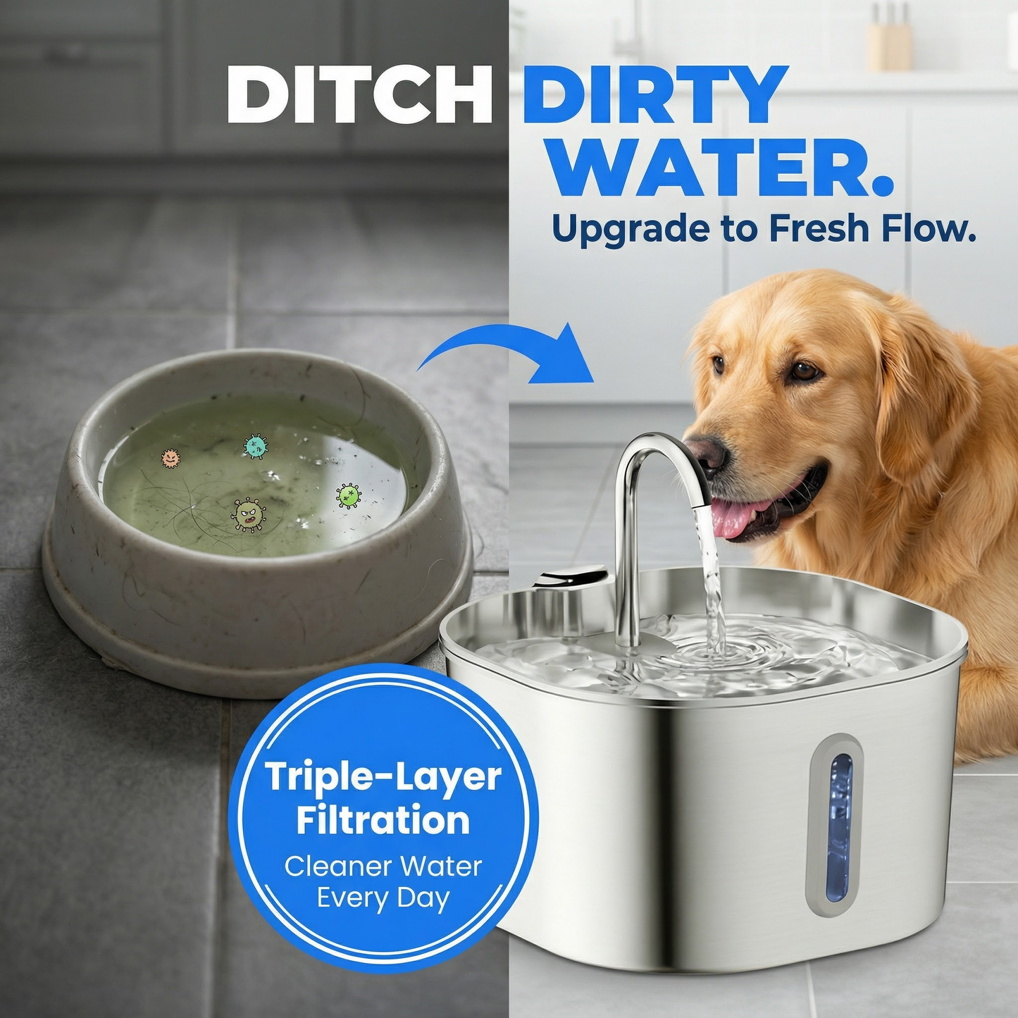 MyPetSpring™ Stainless Steel Pet Water Fountain - Keeps Water Fresh & Clean for Cats & Dogs